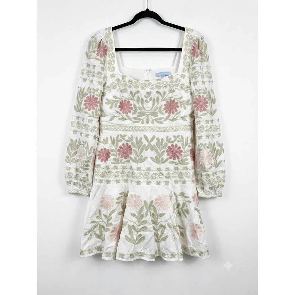 Antonio Melani Size 6 White Pink Floral Embroidered Puff Sleeve Mini Dress